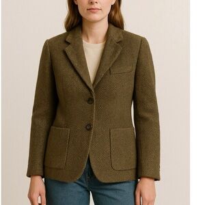 Vintage Jones New York Wool Herringbone Blazer Brown Green Tweed Sz 12